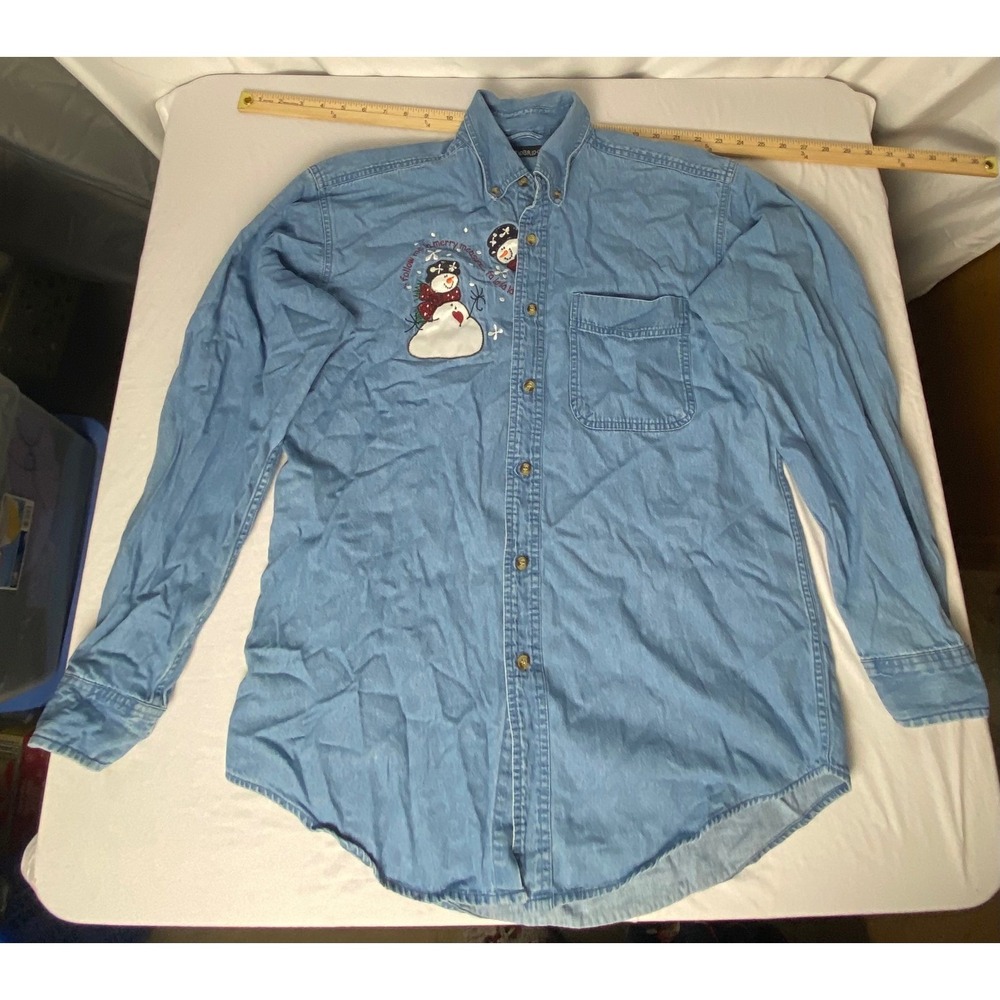 Woodbridge Womens Denim Shirt Long Sleeve Christmas Snowman Holiday Button Up